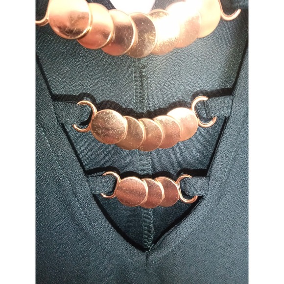 AUW Womens Green Sleeveless Blouse Gold Coin Chain V-Neck Top Size Large - Picture 3 of 4